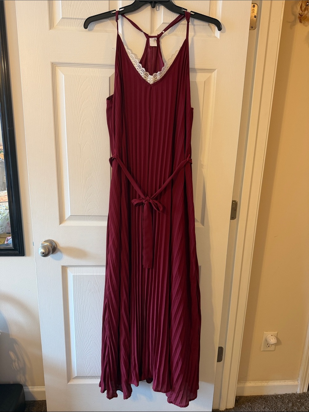 Wine Burgundy Pleated Maxi Dress with Lace Trim